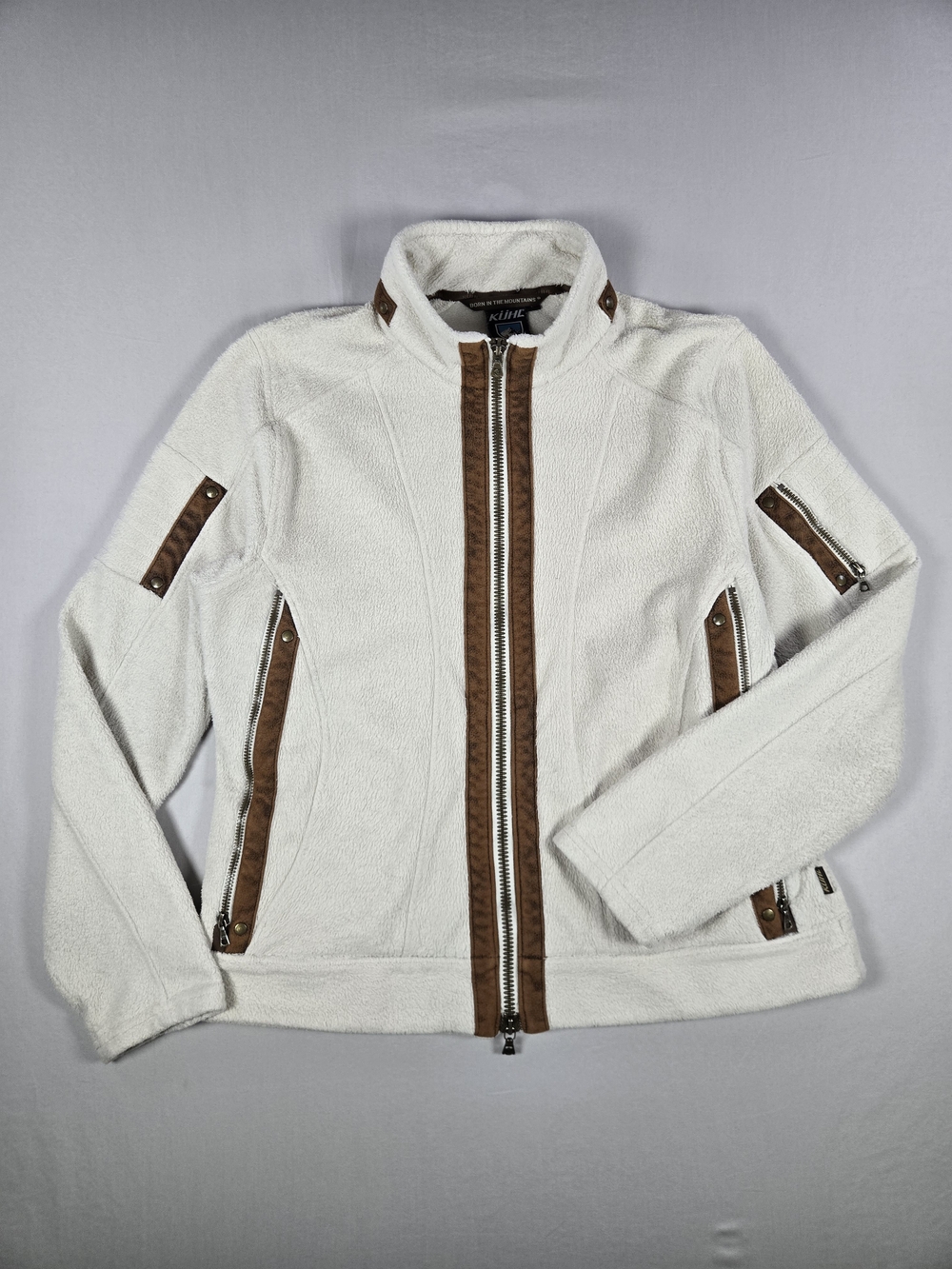 KUHL Fleece Jacket Cream Faux Suede Trim Cozy Teddy Gorpcore Outerwear Hiking L